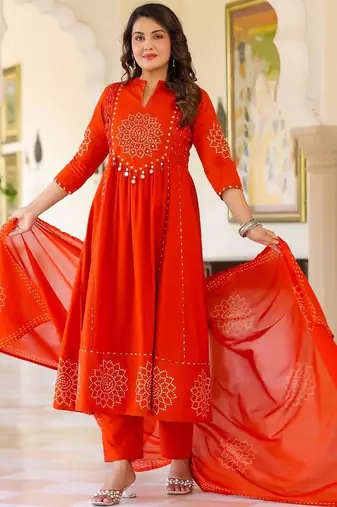 Women Ethnic Motifs Printed Tiered Mirror Work Pure Cotton Kurta with Trousers & With Dupatta