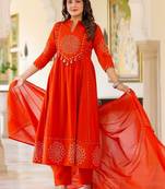 Women Ethnic Motifs Printed Tiered Mirror Work Pure Cotton Kurta with Trousers & With Dupatta