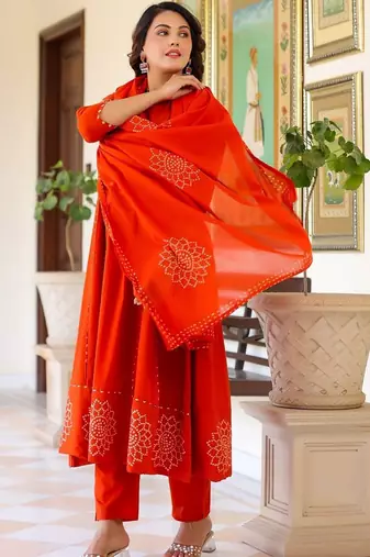 Women Ethnic Motifs Printed Tiered Mirror Work Pure Cotton Kurta with Trousers & With Dupatta