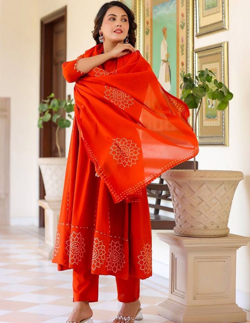 Women Ethnic Motifs Printed Tiered Mirror Work Pure Cotton Kurta with Trousers & With Dupatta