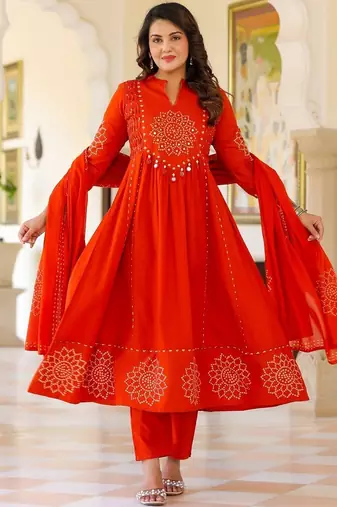 Women Ethnic Motifs Printed Tiered Mirror Work Pure Cotton Kurta with Trousers & With Dupatta
