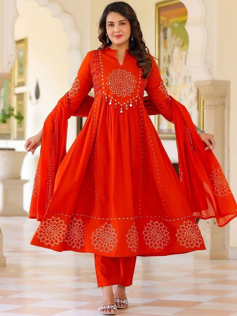 Women Ethnic Motifs Printed Tiered Mirror Work Pure Cotton Kurta with Trousers & With Dupatta