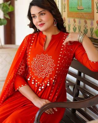 Women Ethnic Motifs Printed Tiered Mirror Work Pure Cotton Kurta with Trousers & With Dupatta 5