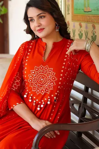 Women Ethnic Motifs Printed Tiered Mirror Work Pure Cotton Kurta with Trousers & With Dupatta