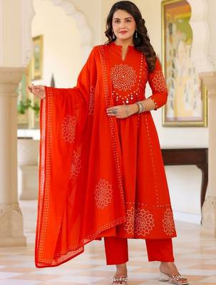 Women Ethnic Motifs Printed Tiered Mirror Work Pure Cotton Kurta with Trousers & With Dupatta 6