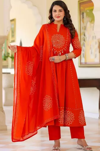 Women Ethnic Motifs Printed Tiered Mirror Work Pure Cotton Kurta with Trousers & With Dupatta