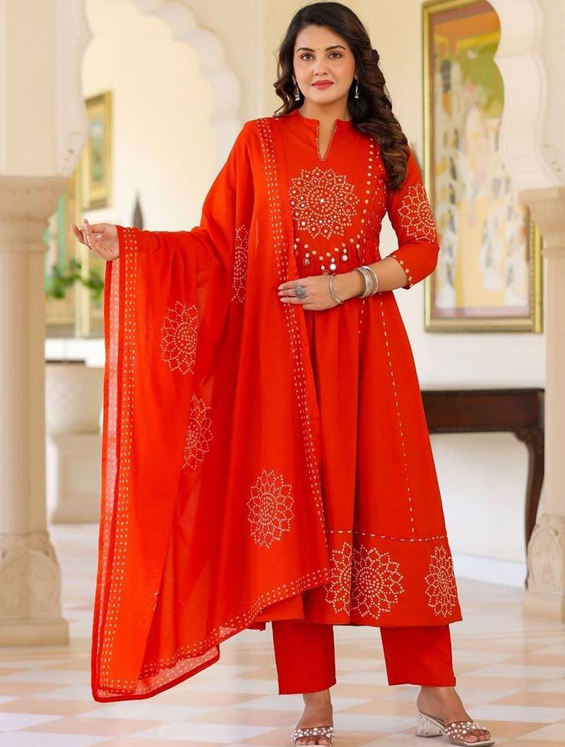 Women Ethnic Motifs Printed Tiered Mirror Work Pure Cotton Kurta with Trousers & With Dupatta