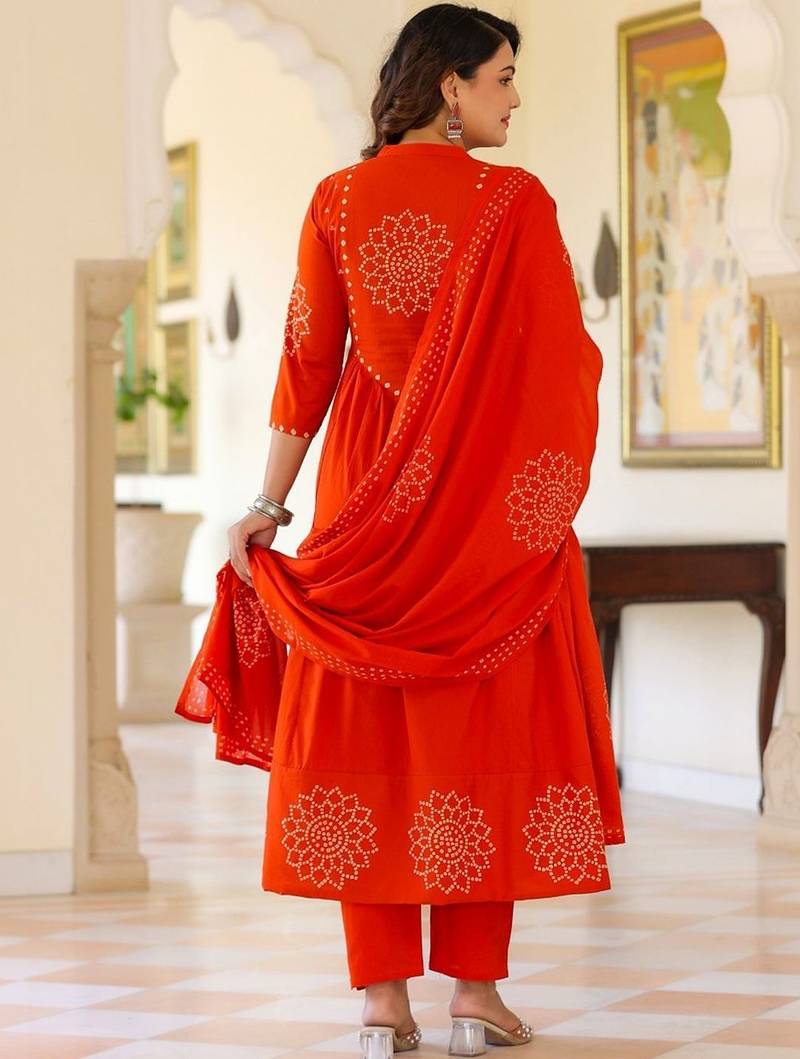 Women Ethnic Motifs Printed Tiered Mirror Work Pure Cotton Kurta with Trousers & With Dupatta