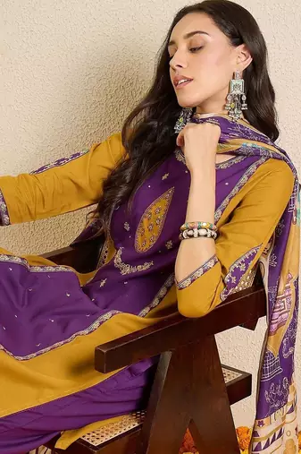 Women Ethnic Motifs Colourblocked Regular Thread Work Kurta with Patiala & With Dupatta