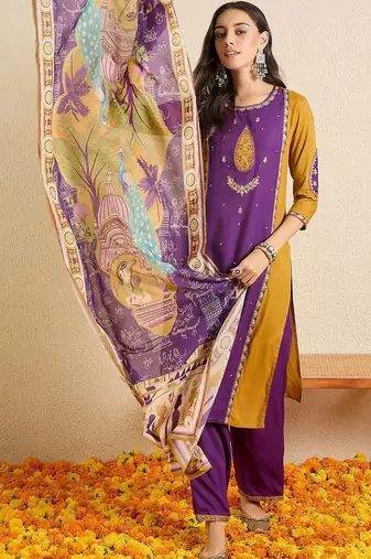 Women Ethnic Motifs Colourblocked Regular Thread Work Kurta with Patiala & With Dupatta