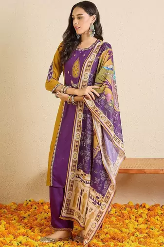 Women Ethnic Motifs Colourblocked Regular Thread Work Kurta with Patiala & With Dupatta