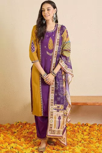 Women Ethnic Motifs Colourblocked Regular Thread Work Kurta with Patiala & With Dupatta