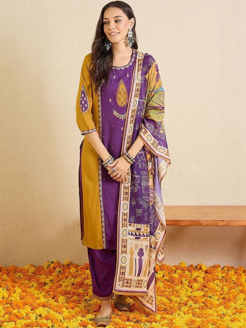Women Ethnic Motifs Colourblocked Regular Thread Work Kurta with Patiala & With Dupatta