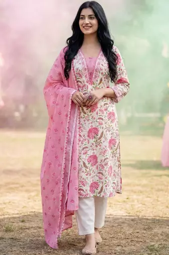 Women Floral Printed Regular Pure Cotton Kurta with Trousers & With Dupatta