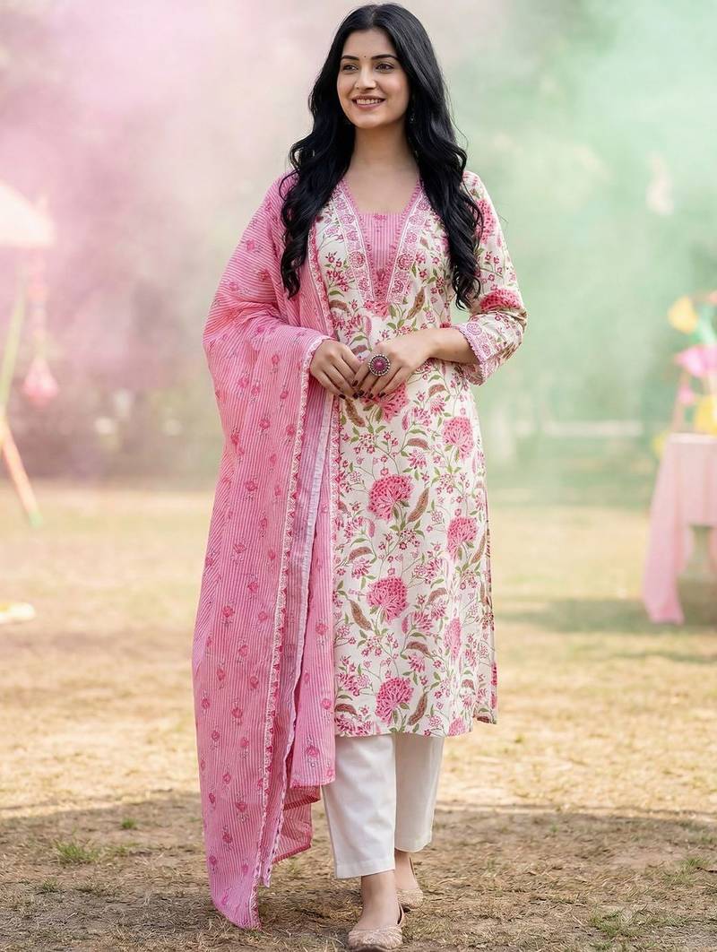 Women Floral Printed Regular Pure Cotton Kurta with Trousers & With Dupatta