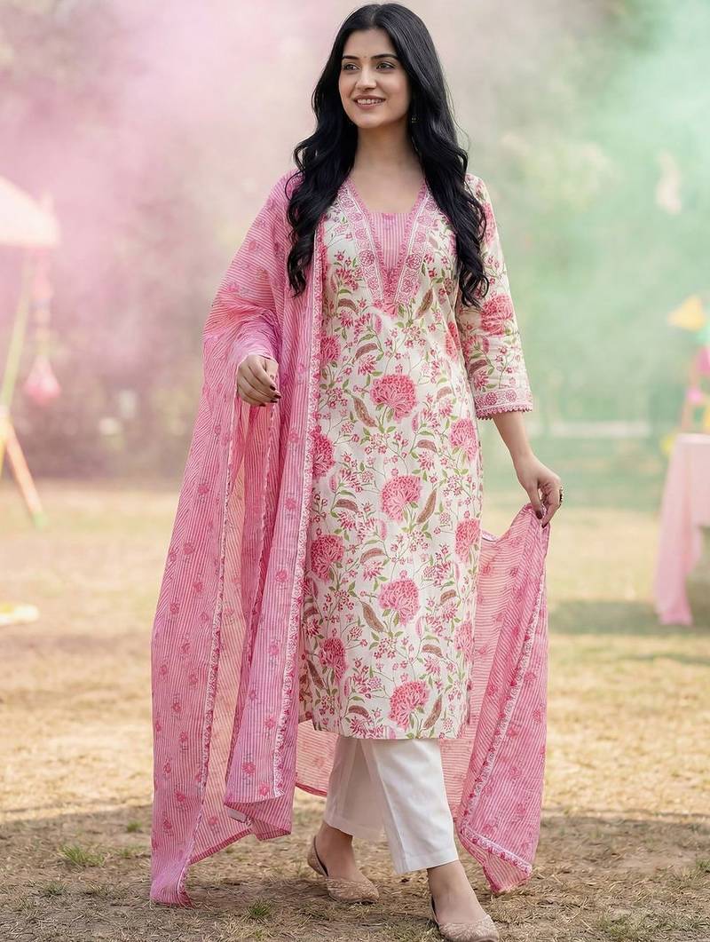 Women Floral Printed Regular Pure Cotton Kurta with Trousers & With Dupatta