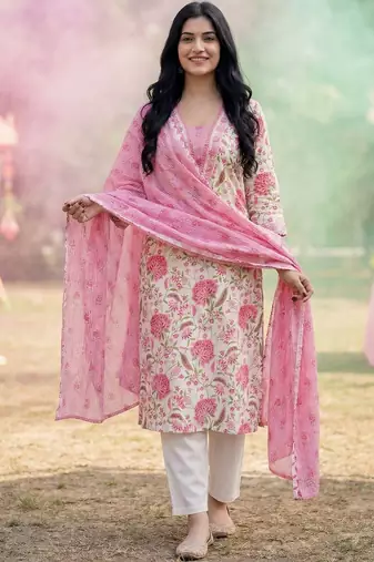 Women Floral Printed Regular Pure Cotton Kurta with Trousers & With Dupatta
