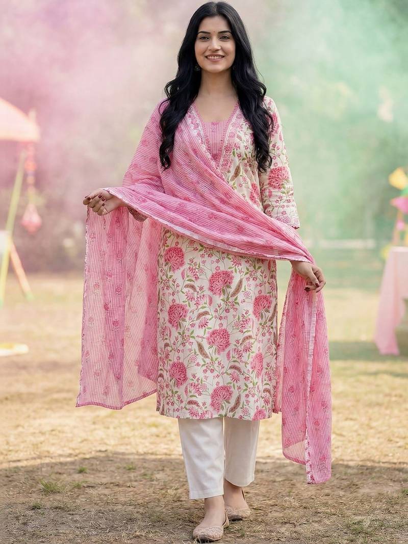 Women Floral Printed Regular Pure Cotton Kurta with Trousers & With Dupatta