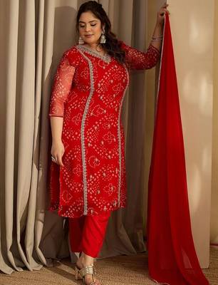 Plus Size Red Embroidered Straight Kurta Trousers With Dupatta Set 1
