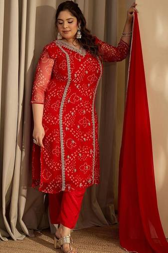 Plus Size Red Embroidered Straight Kurta Trousers With Dupatta Set