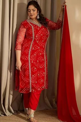 Plus Size Red Embroidered Straight Kurta Trousers With Dupatta Set