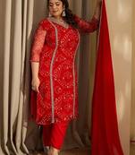 Plus Size Red Embroidered Straight Kurta Trousers With Dupatta Set