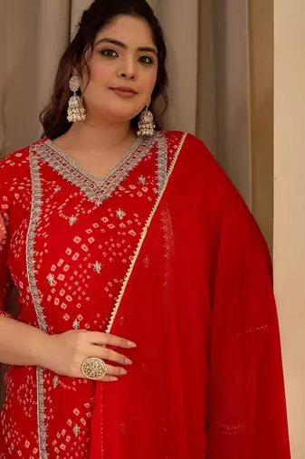 Plus Size Red Embroidered Straight Kurta Trousers With Dupatta Set