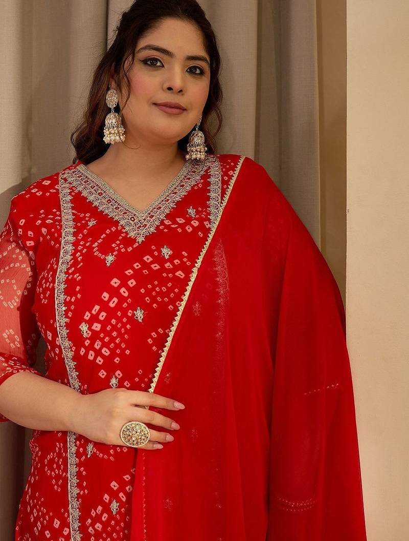 Plus Size Red Embroidered Straight Kurta Trousers With Dupatta Set