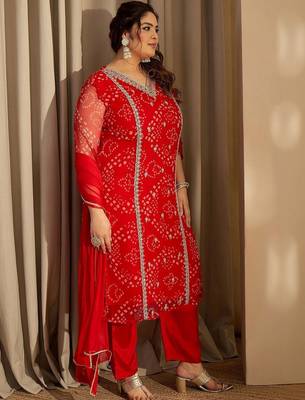 Plus Size Red Embroidered Straight Kurta Trousers With Dupatta Set 3