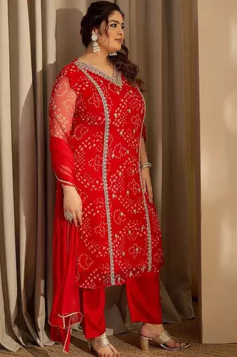 Plus Size Red Embroidered Straight Kurta Trousers With Dupatta Set