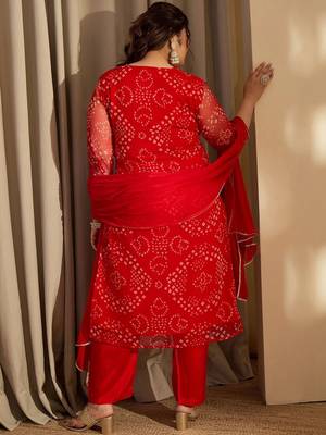 Plus Size Red Embroidered Straight Kurta Trousers With Dupatta Set 4