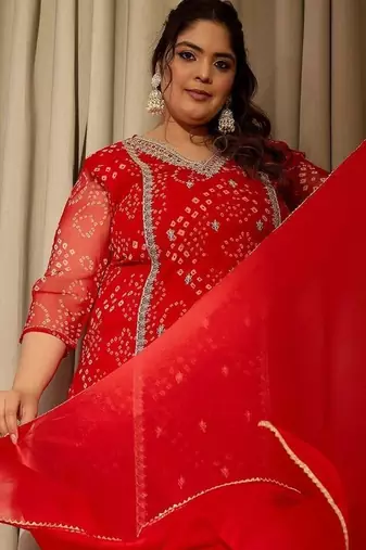 Plus Size Red Embroidered Straight Kurta Trousers With Dupatta Set