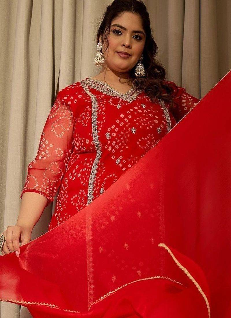Plus Size Red Embroidered Straight Kurta Trousers With Dupatta Set