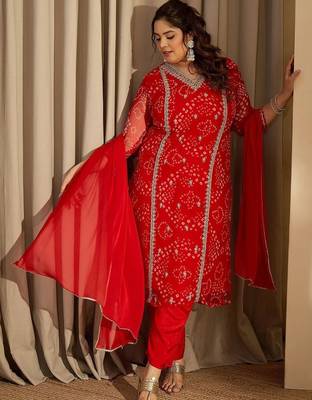 Plus Size Red Embroidered Straight Kurta Trousers With Dupatta Set 6