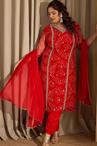 Plus Size Red Embroidered Straight Kurta Trousers With Dupatta Set