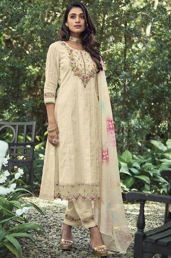 Off-White Yoke DesignThread Work Pure Cotton Kurta With Trousers & Dupatta