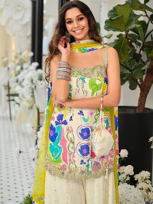 Women Floral Printed Regular Gotta Patti Kurta With Sharara & Dupatta 4