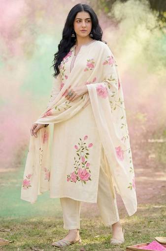Floral Embroidered Notch Neck Straight Kurta with Trousers & Dupatta