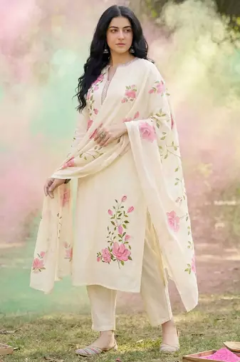 Floral Embroidered Notch Neck Straight Kurta with Trousers & Dupatta