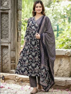 Women Floral Printed Angrakha Pure Cotton Kurta with Trousers & With Dupatta 1