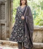 Women Floral Printed Angrakha Pure Cotton Kurta with Trousers & With Dupatta