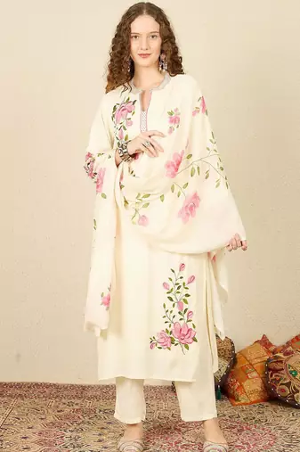 Floral Embroidered Notch Neck Straight Kurta with Trousers & Dupatta