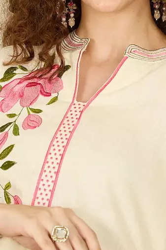 Floral Embroidered Notch Neck Straight Kurta with Trousers & Dupatta
