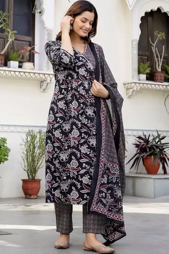 Women Floral Printed Angrakha Pure Cotton Kurta with Trousers & With Dupatta