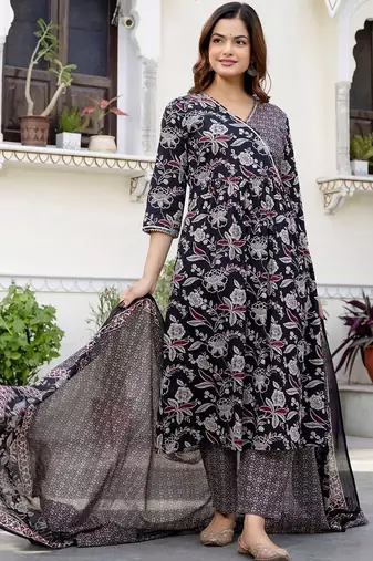 Women Floral Printed Angrakha Pure Cotton Kurta with Trousers & With Dupatta