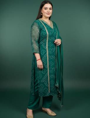 Plus Size Bandhani Printed Regular Kurta with Trousers & With Dupatta 1