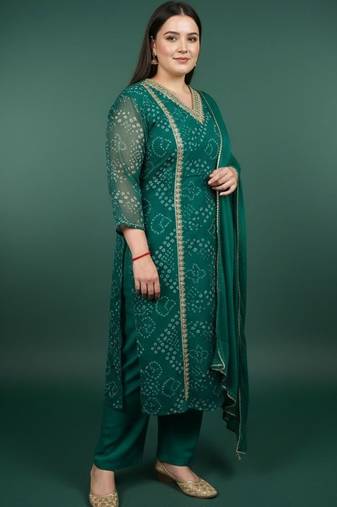 Plus Size Bandhani Printed Regular Kurta with Trousers & With Dupatta