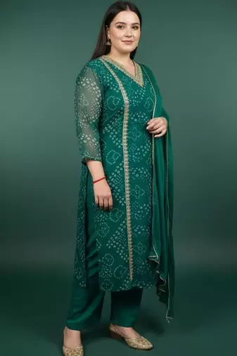 Plus Size Bandhani Printed Regular Kurta with Trousers & With Dupatta