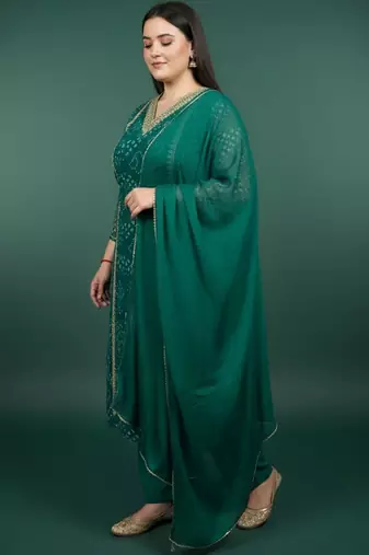 Plus Size Bandhani Printed Regular Kurta with Trousers & With Dupatta