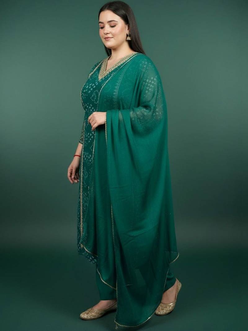 Plus Size Bandhani Printed Regular Kurta with Trousers & With Dupatta